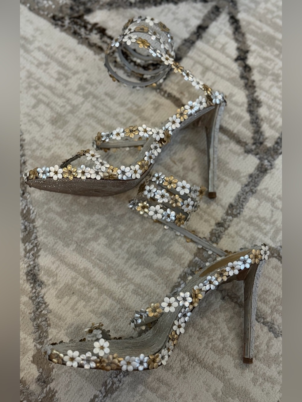 Rene Caovilla Floral Wrap-Around Strappy Heels in Gold Silver and White - Picture 4 of 4